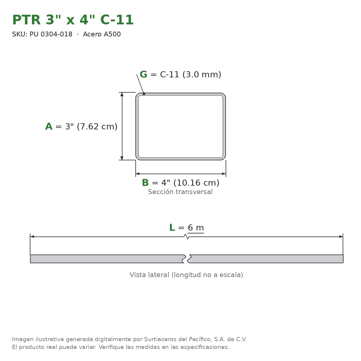 PTR 3" x 4" C-11 x 6.00 m - Acero A500