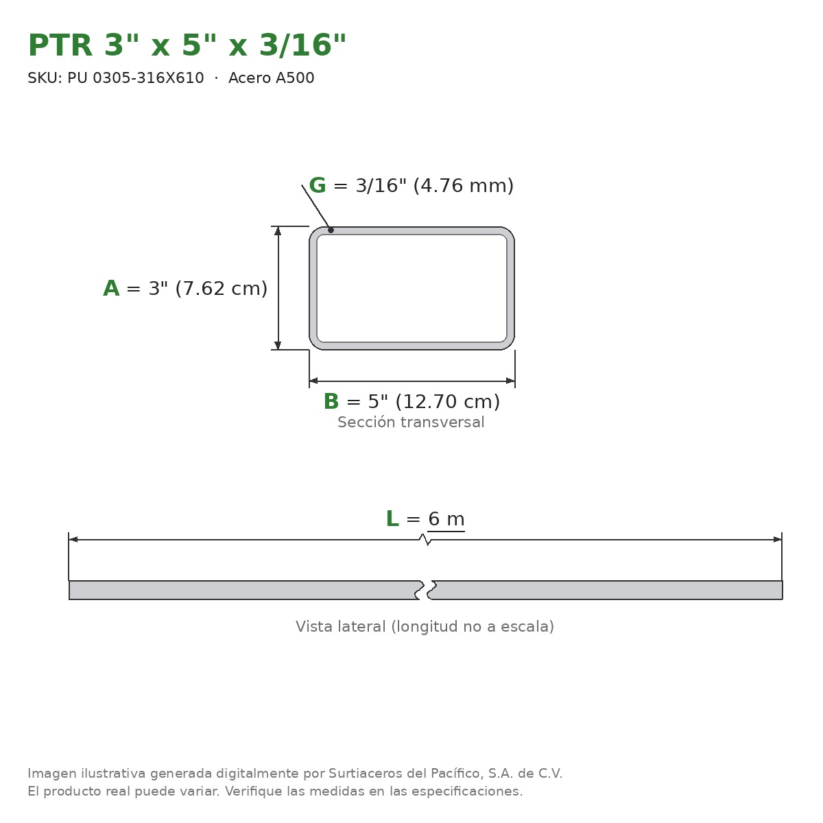 PTR 3" x 5" x 3/16" x 6.00 m - Acero A500