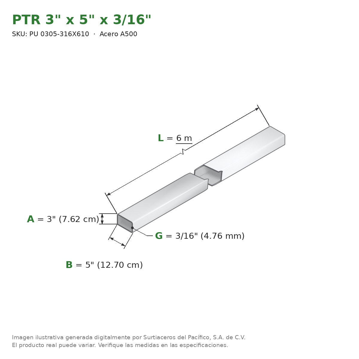 PTR 3" x 5" x 3/16" x 6.00 m - Acero A500