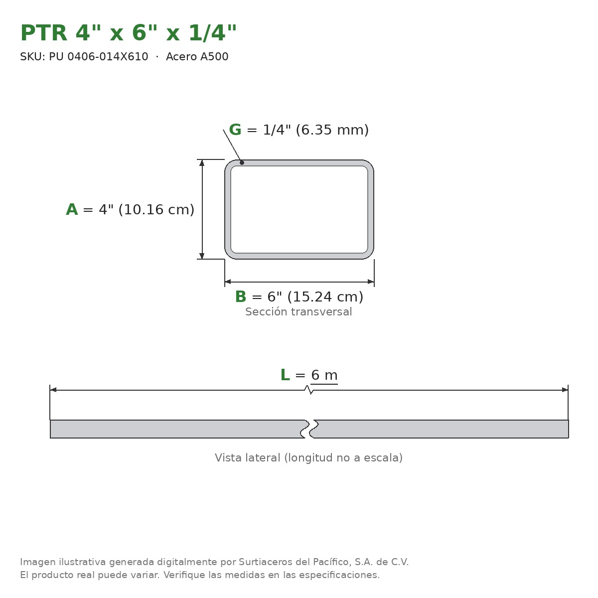 PTR 4" x 6" x 1/4" x 6.00 m - Acero A500