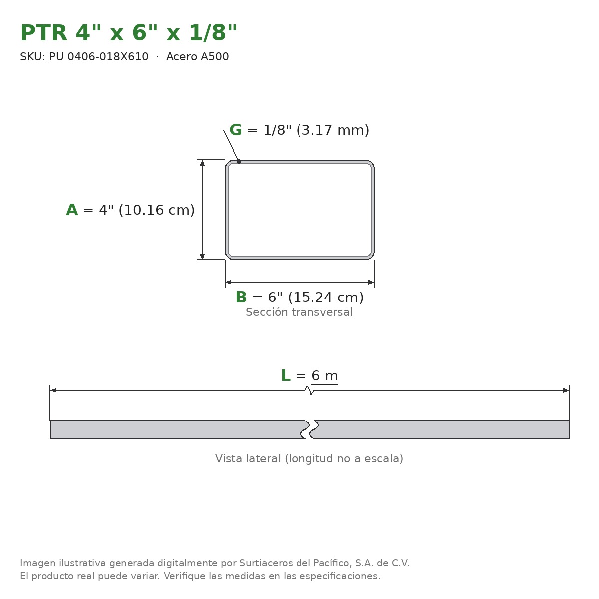 PTR 4" x 6" x 1/8" x 6.00 m - Acero A500