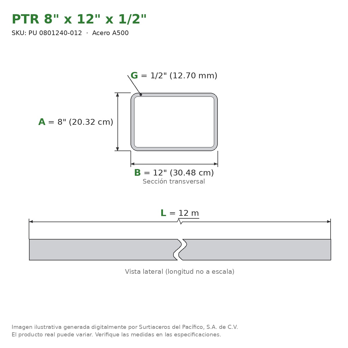 PTR 8" x 12" x 1/2" x 12.00 m - Acero A500