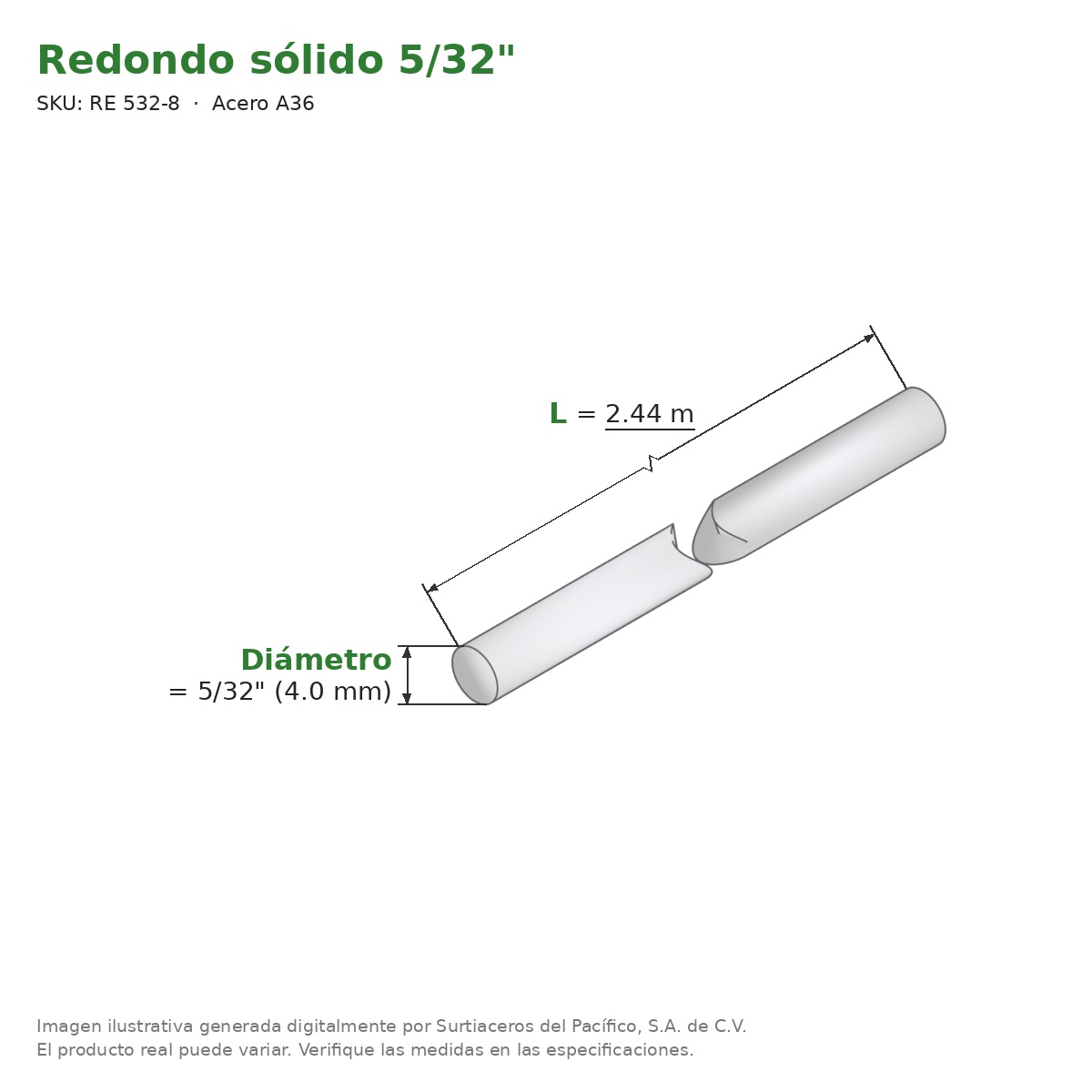 Redondo sólido 5/32" x 2.44 m - Acero A36 - medidas