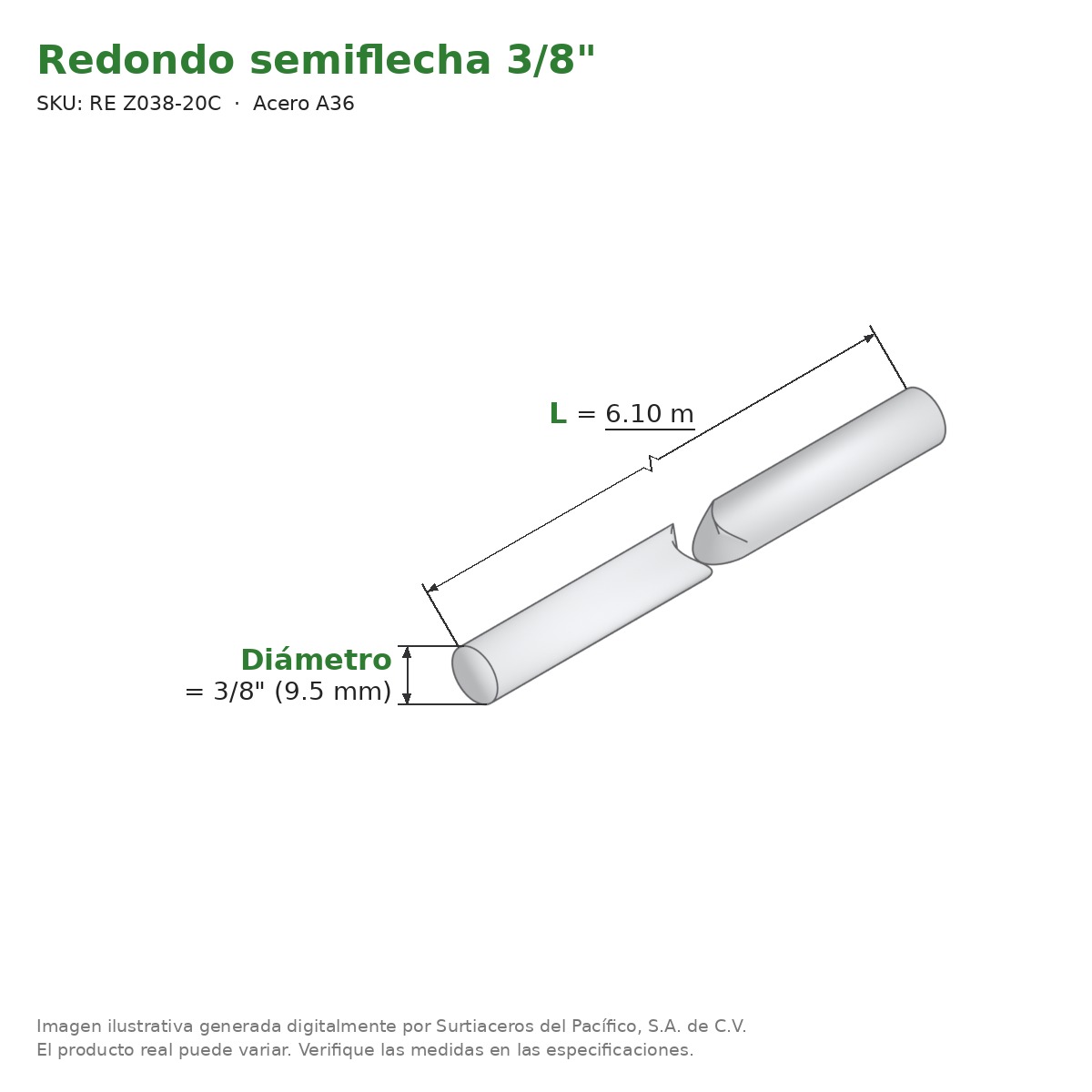Redondo semiflecha 3/8" x 6.10 m - Acero A36 - medidas