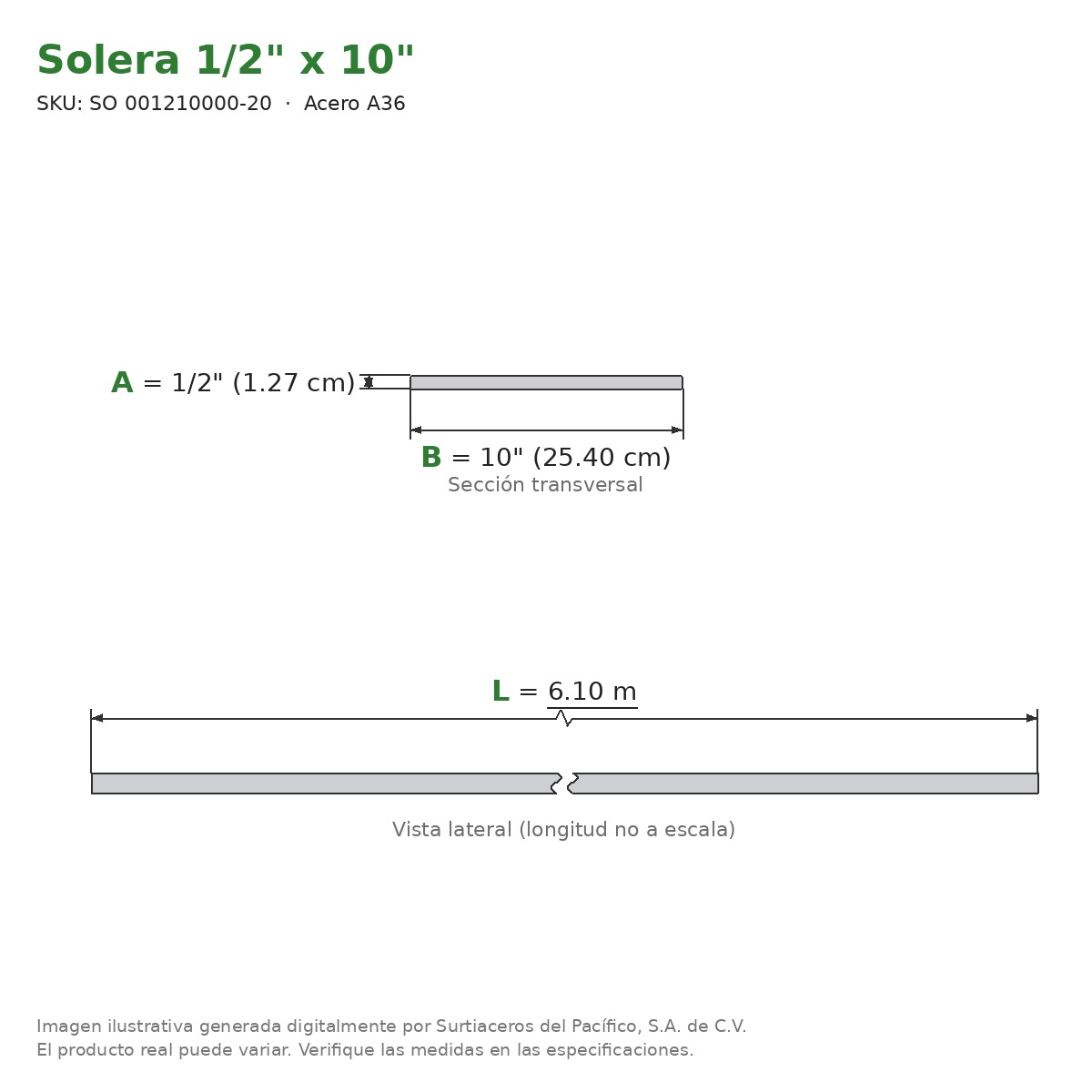 Solera 1/2" x 10" x 6.10 m - Acero A36 - sección transversal