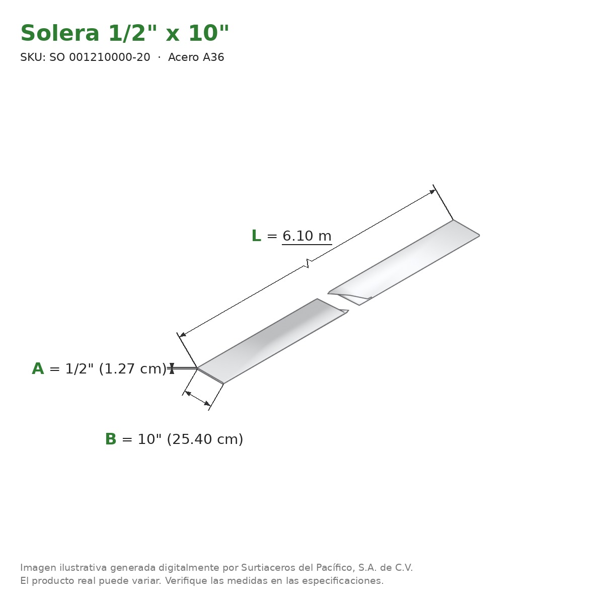 Solera 1/2" x 10" x 6.10 m - Acero A36 - medidas