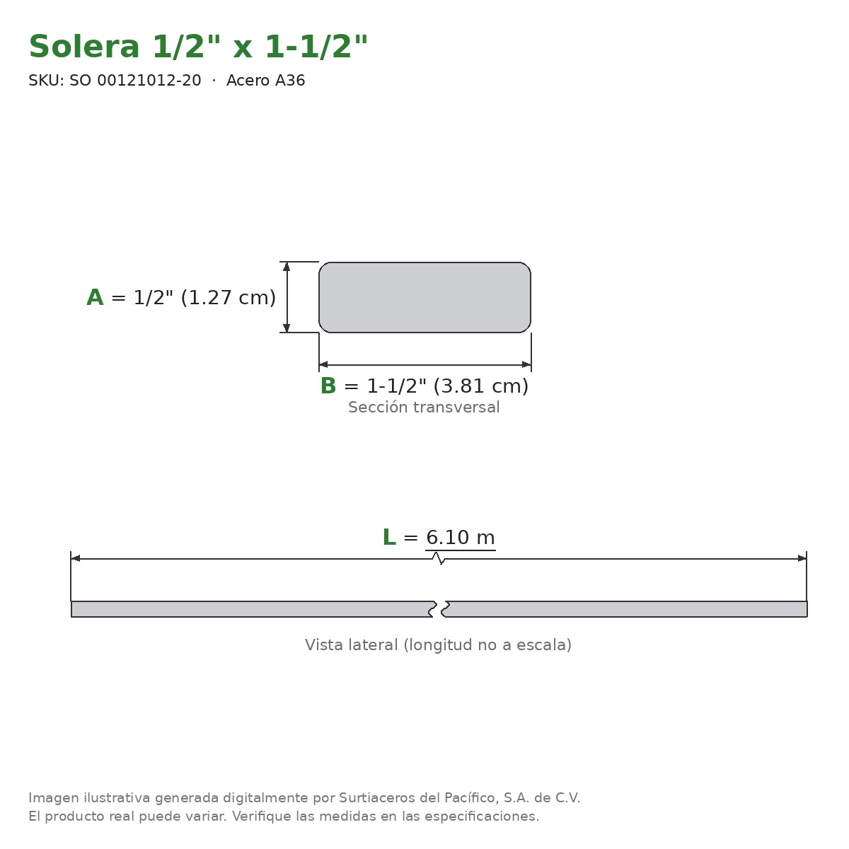 Solera 1/2" x 1-1/2" x 6.10 m - Acero A36 - sección transversal