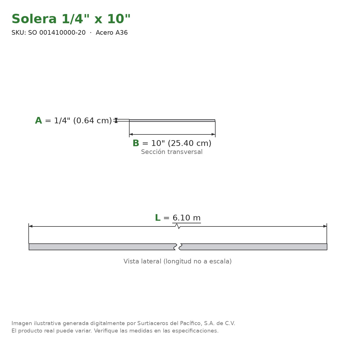 Solera 1/4" x 10" x 6.10 m - Acero A36 - sección transversal