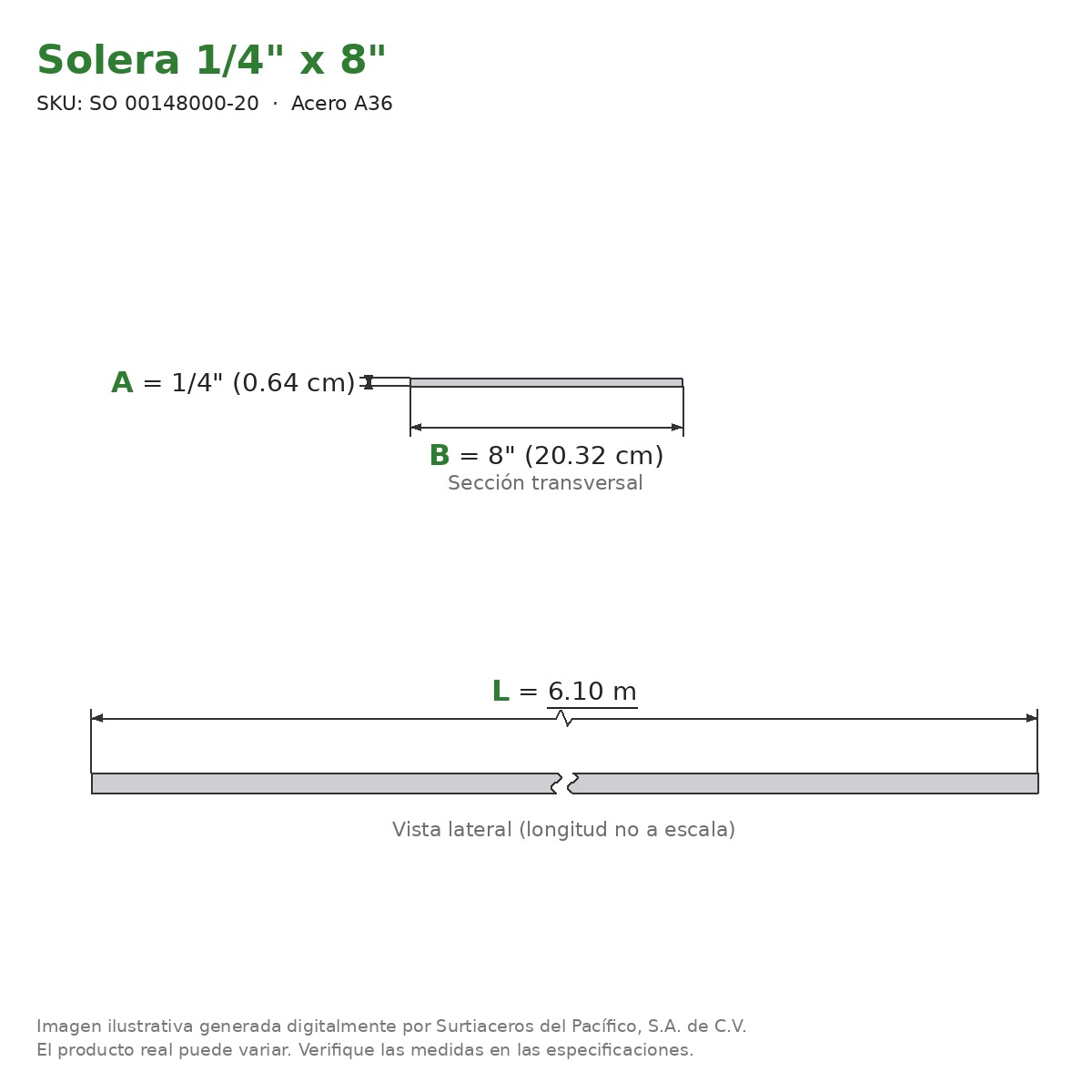 Solera 1/4" x 8" x 6.10 m - Acero A36 - sección transversal