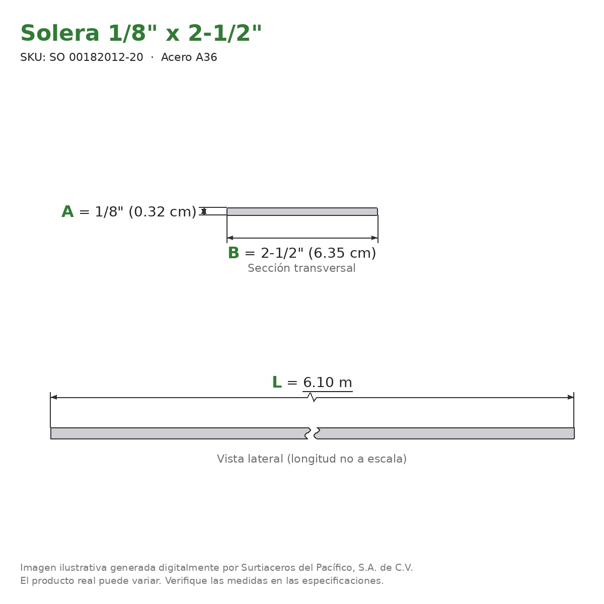 Solera 1/8" x 2-1/2" x 6.10 m - Acero A36 - sección transversal