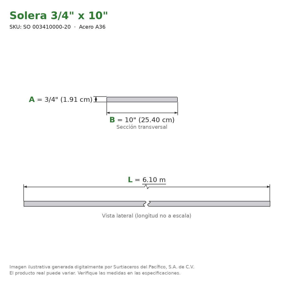 Solera 3/4" x 10" x 6.10 m - Acero A36 - sección transversal
