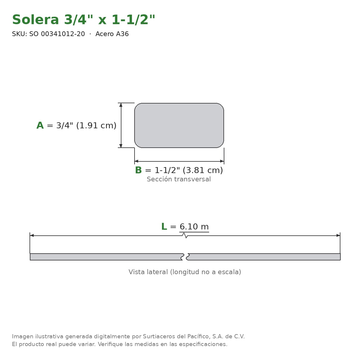 Solera 3/4" x 1-1/2" x 6.10 m - Acero A36 - sección transversal