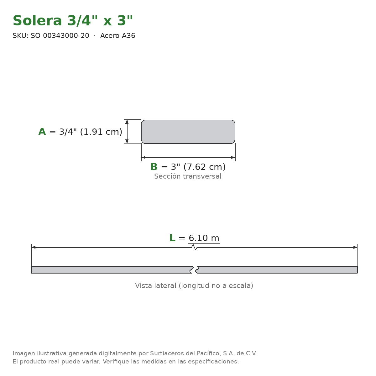 Solera 3/4" x 3" x 6.10 m - Acero A36 - sección transversal