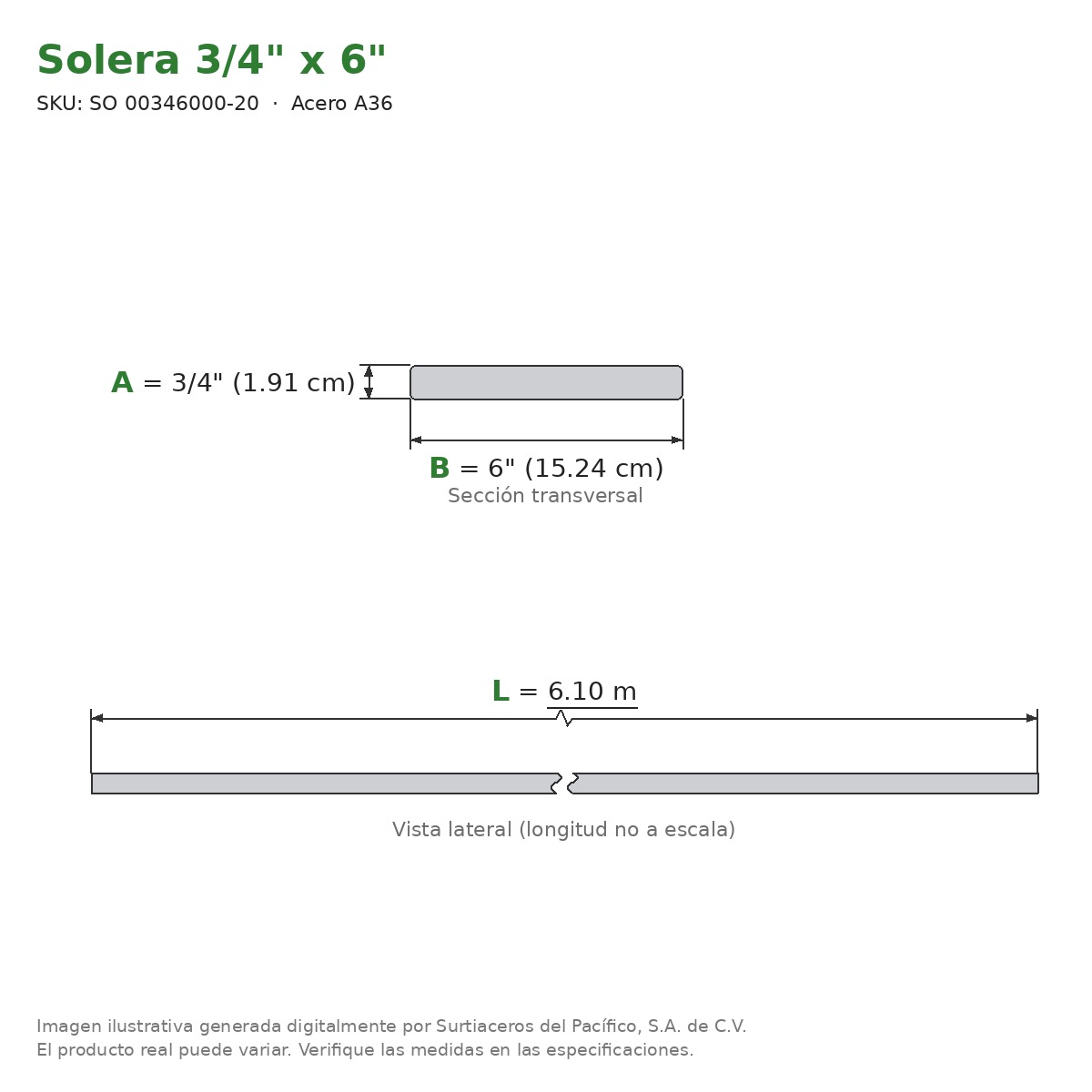 Solera 3/4" x 6" x 6.10 m - Acero A36 - sección transversal