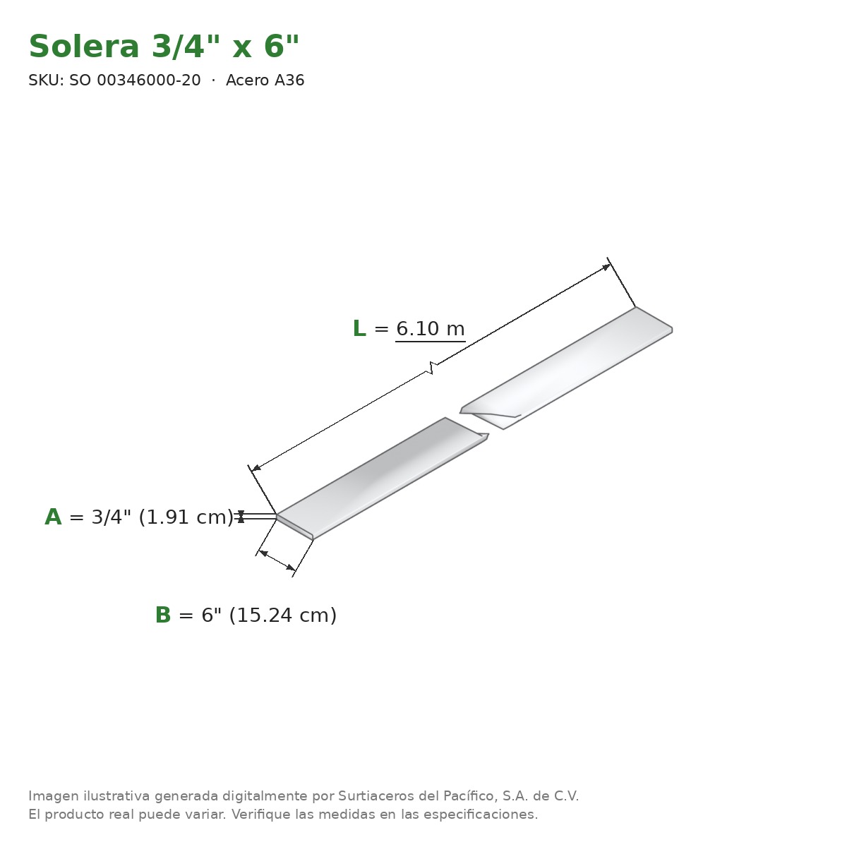 Solera 3/4" x 6" x 6.10 m - Acero A36 - medidas