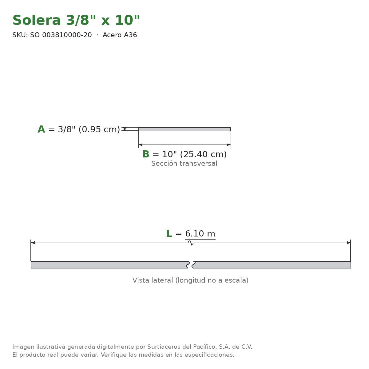 Solera 3/8" x 10" x 6.10 m - Acero A36 - sección transversal