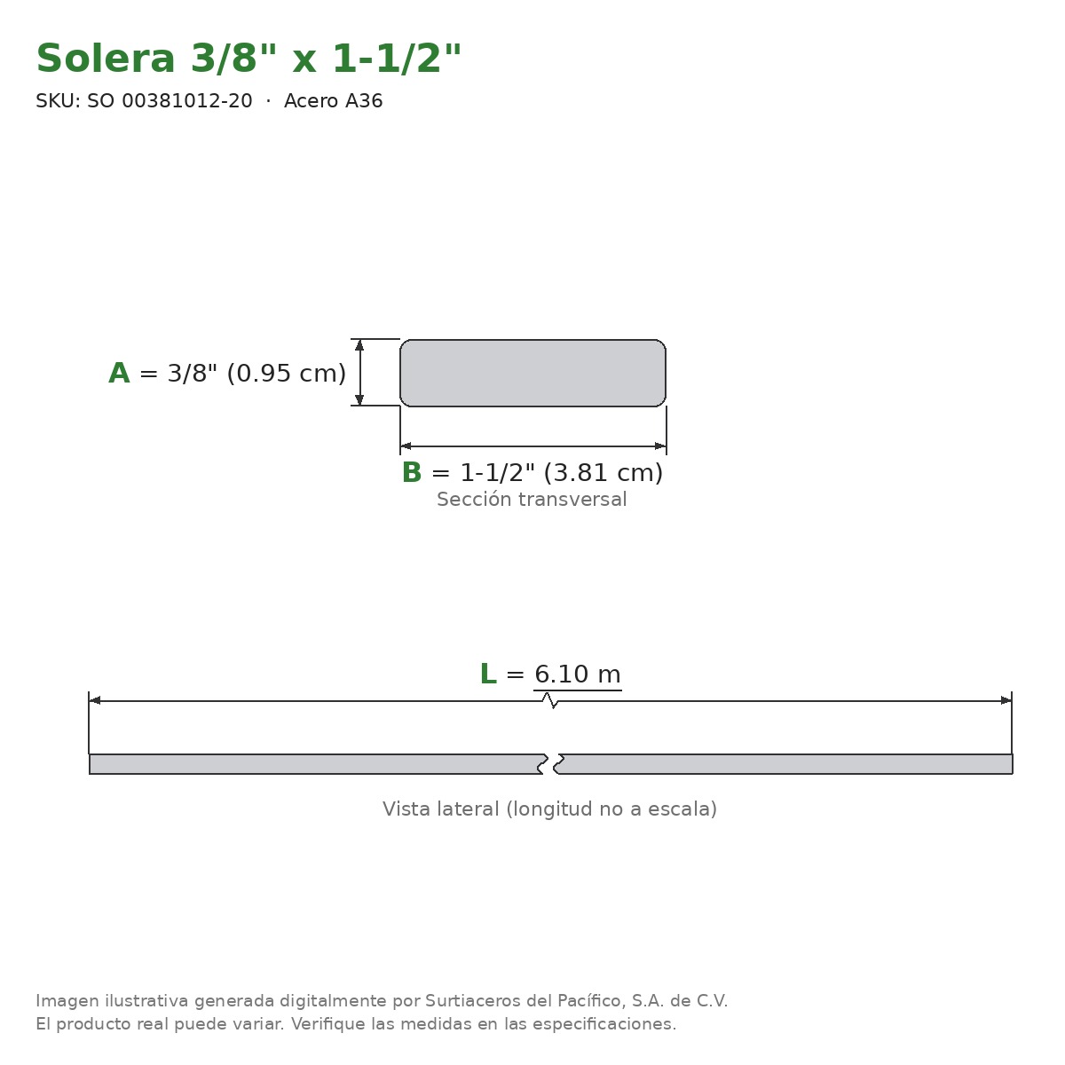 Solera 3/8" x 1-1/2" x 6.10 m - Acero A36 - sección transversal