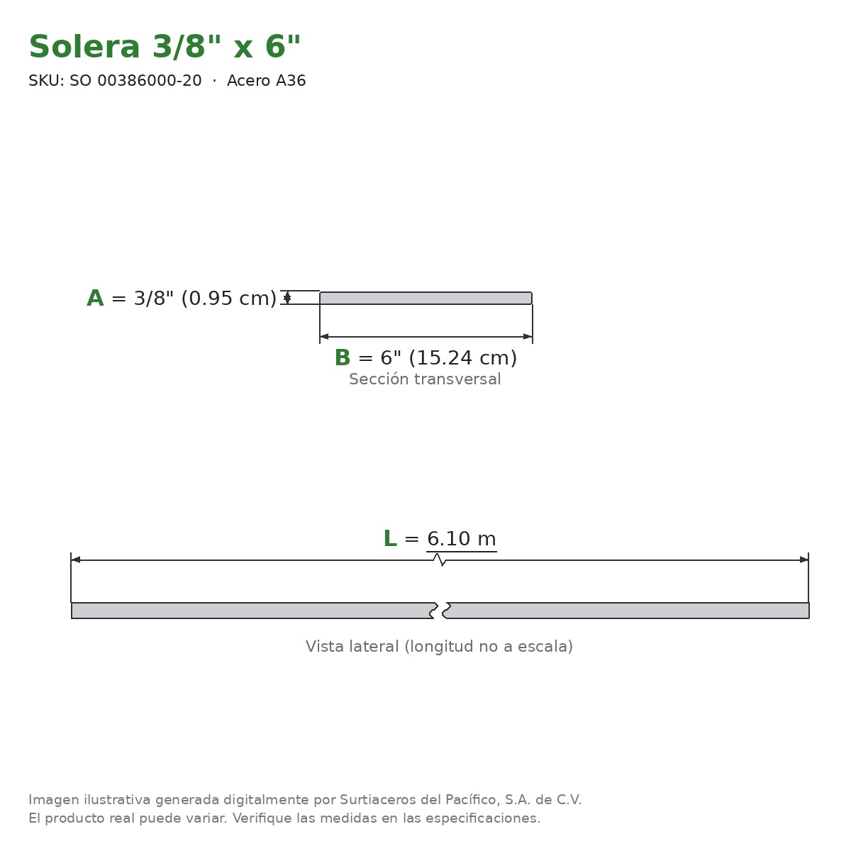 Solera 3/8" x 6" x 6.10 m - Acero A36 - sección transversal