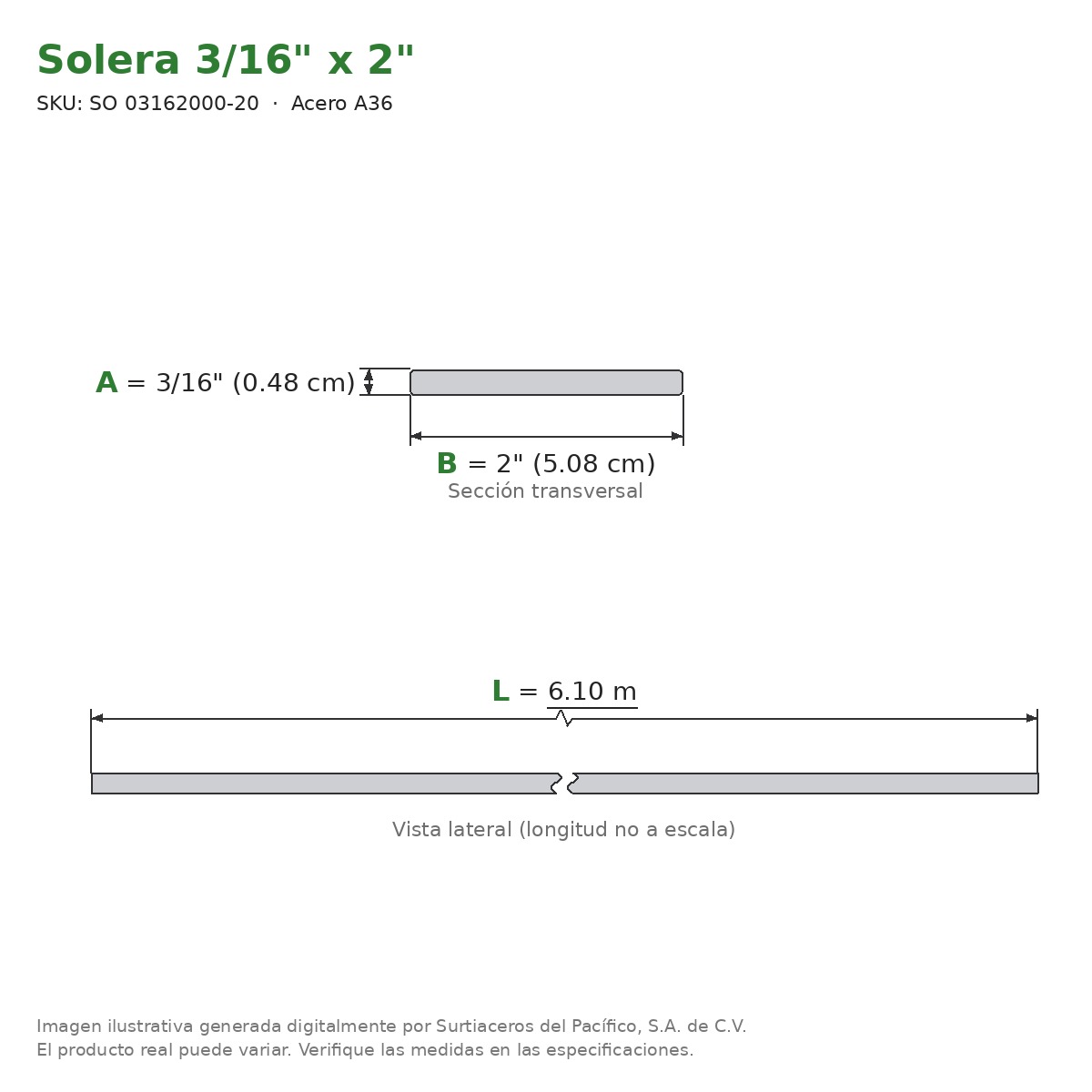 Solera 3/16" x 2" x 6.10 m - Acero A36 - sección transversal