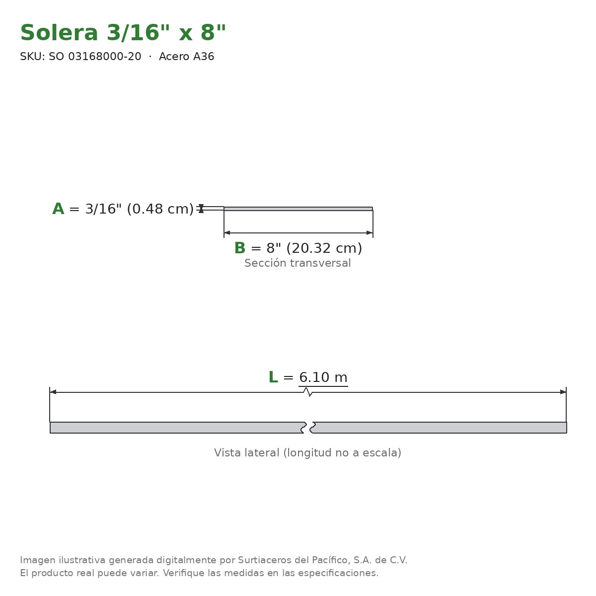 Solera 3/16" x 8" x 6.10 m - Acero A36 - sección transversal