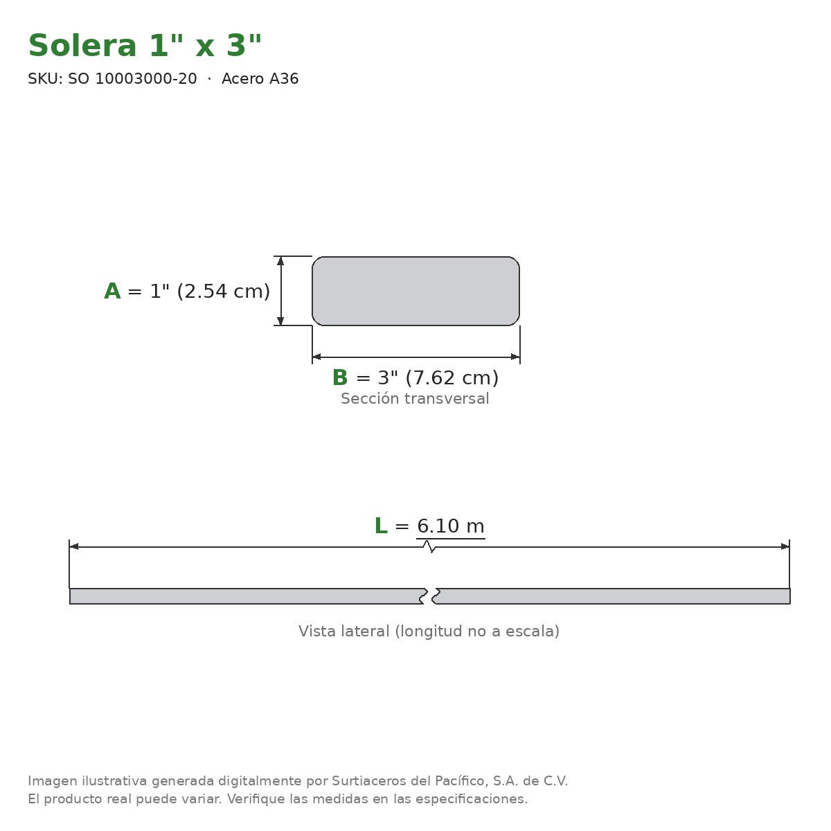 Solera 1" x 3" x 6.10 m - Acero A36 - sección transversal