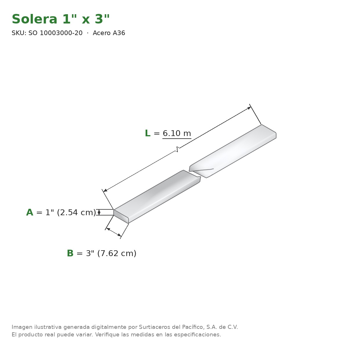Solera 1" x 3" x 6.10 m - Acero A36 - medidas