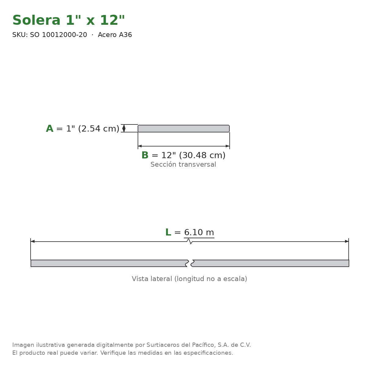 Solera 1" x 12" x 6.10 m - Acero A36 - sección transversal