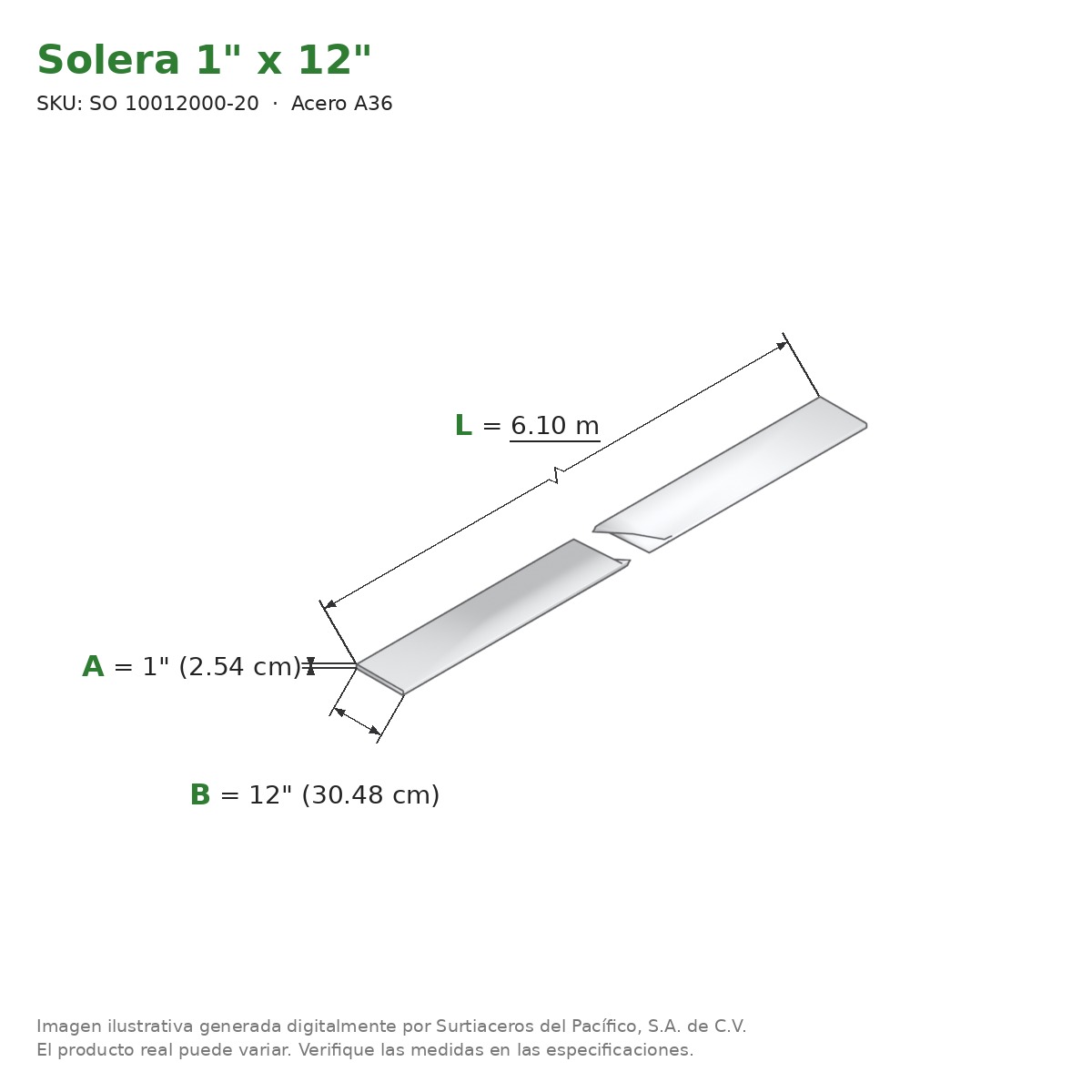 Solera 1" x 12" x 6.10 m - Acero A36 - medidas