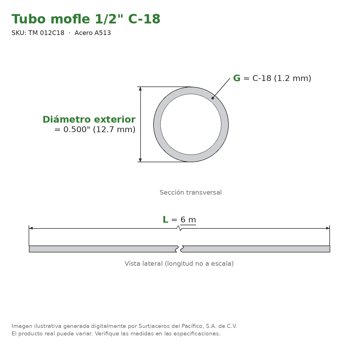 Tubo mofle 1/2" C-18 x 6 m - Acero A513 (Ø ext. 0.500") - sección transversal