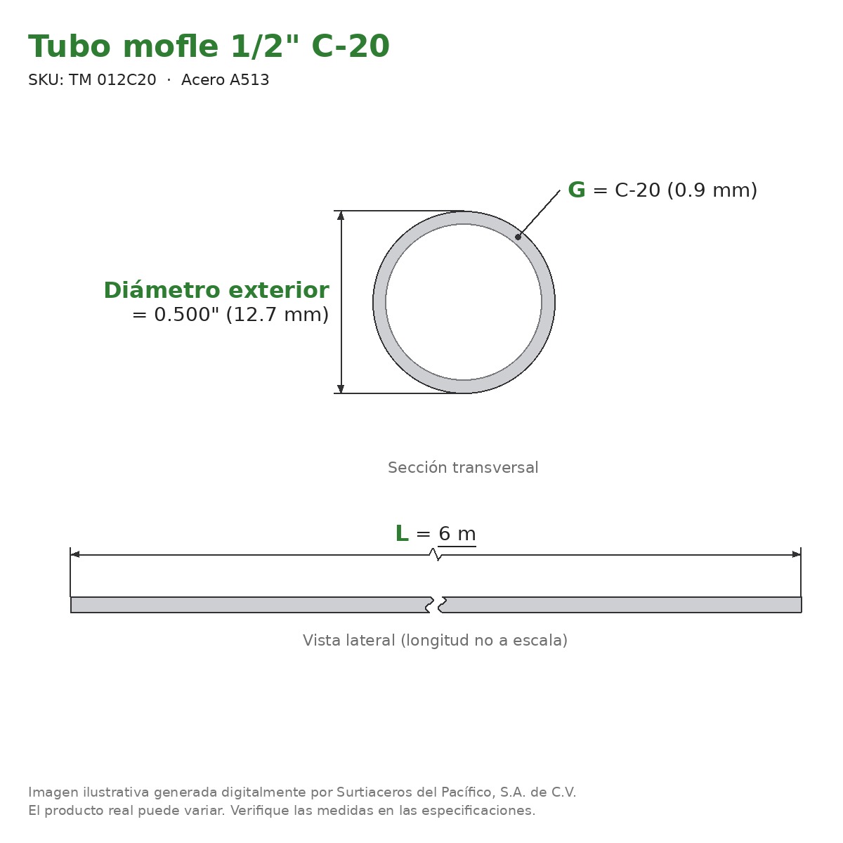 Tubo mofle 1/2" C-20 x 6 m - Acero A513 (Ø ext. 0.500") - sección transversal
