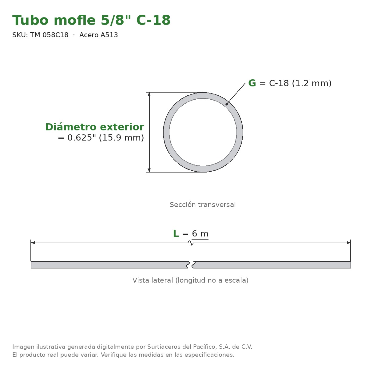 Tubo mofle 5/8" C-18 x 6 m - Acero A513 (Ø ext. 0.625") - sección transversal