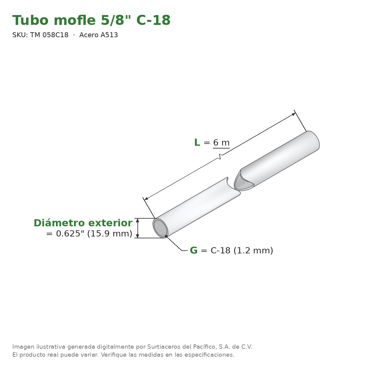 Tubo mofle 5/8" C-18 x 6 m - Acero A513 (Ø ext. 0.625") - medidas