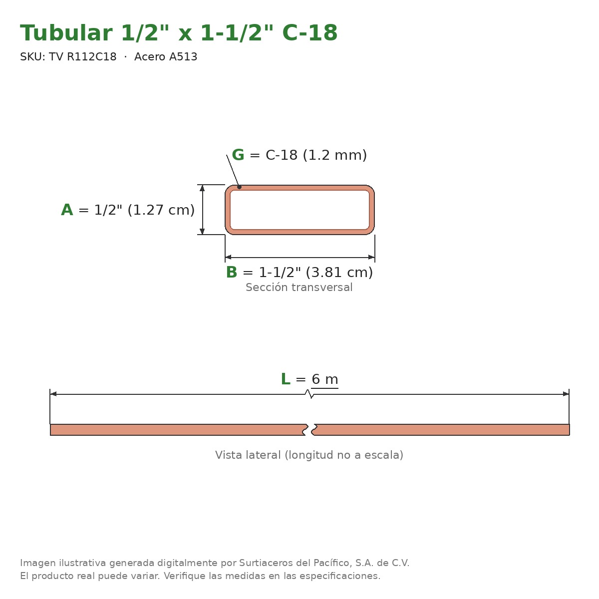 Tubular 1/2" x 1-1/2" C-18 x 6.00 m - Acero A513
