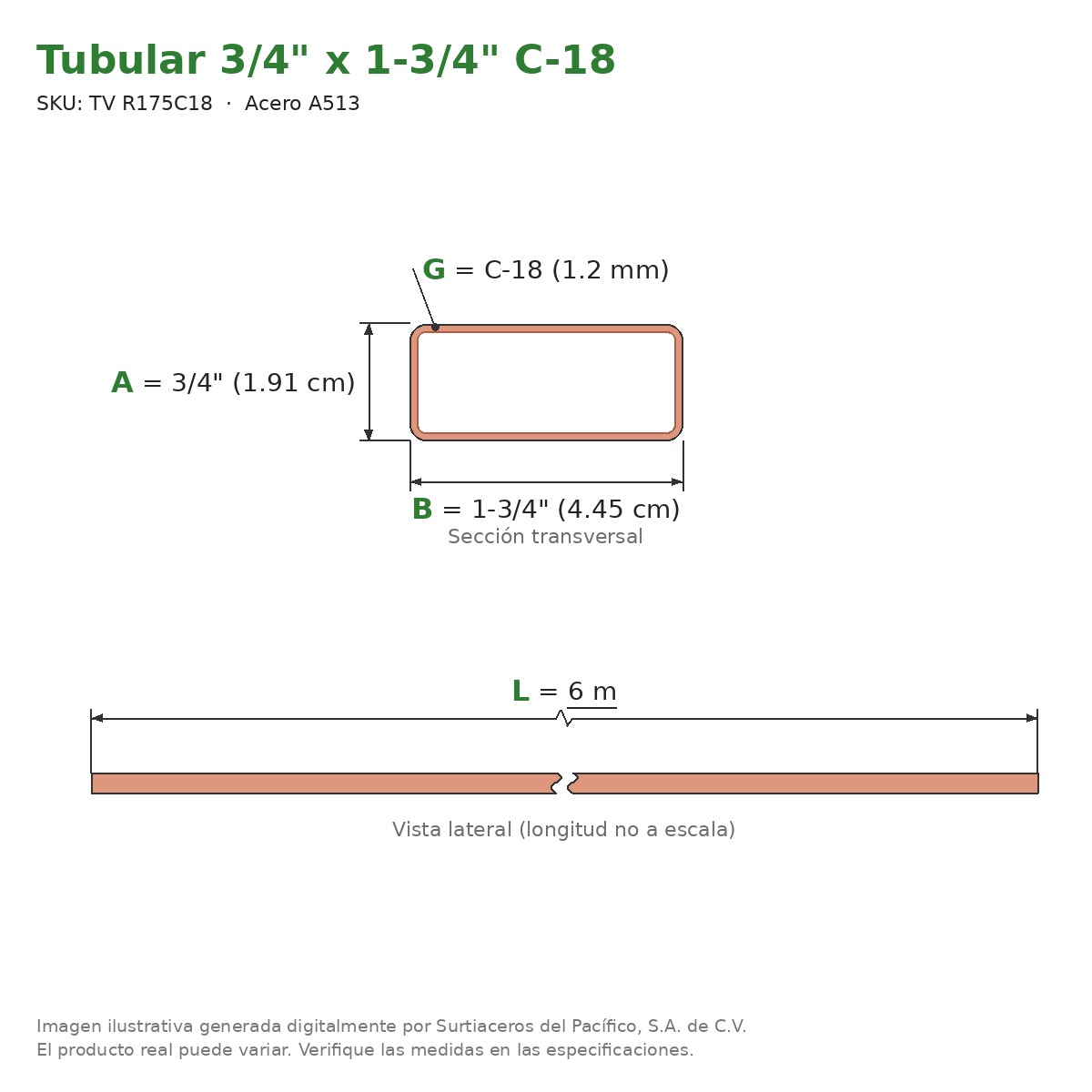 Tubular 3/4" x 1-3/4" C-18 x 6.00 m - Acero A513