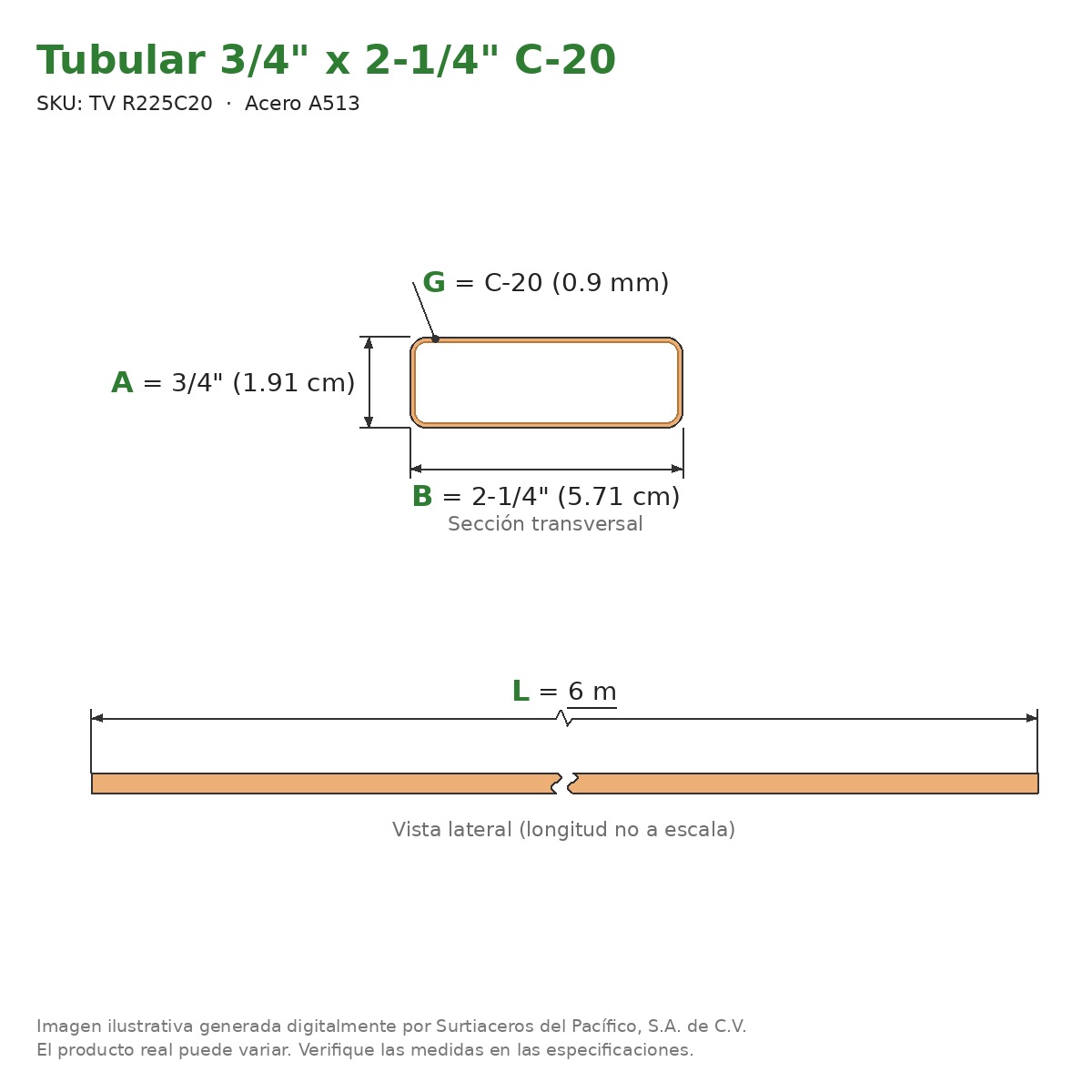 Tubular 3/4" x 2-1/4" C-20 x 6.00 m - Acero A513