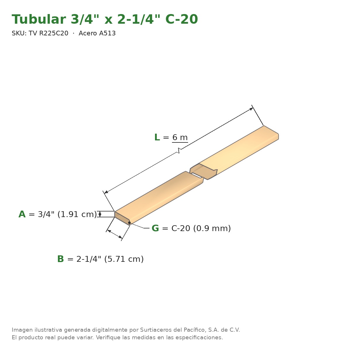 Tubular 3/4" x 2-1/4" C-20 x 6.00 m - Acero A513