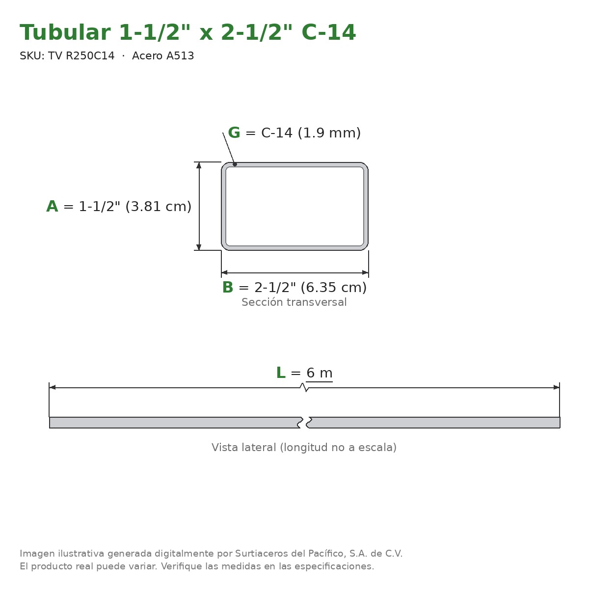 Tubular 1-1/2" x 2-1/2" C-14 x 6.00 m - Acero A513