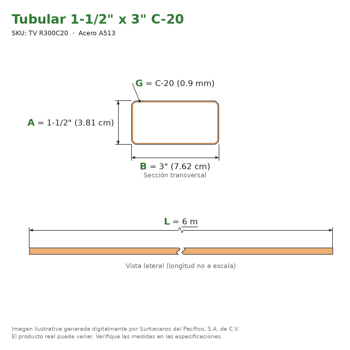 Tubular 1-1/2" x 3" C-20 x 6.00 m - Acero A513