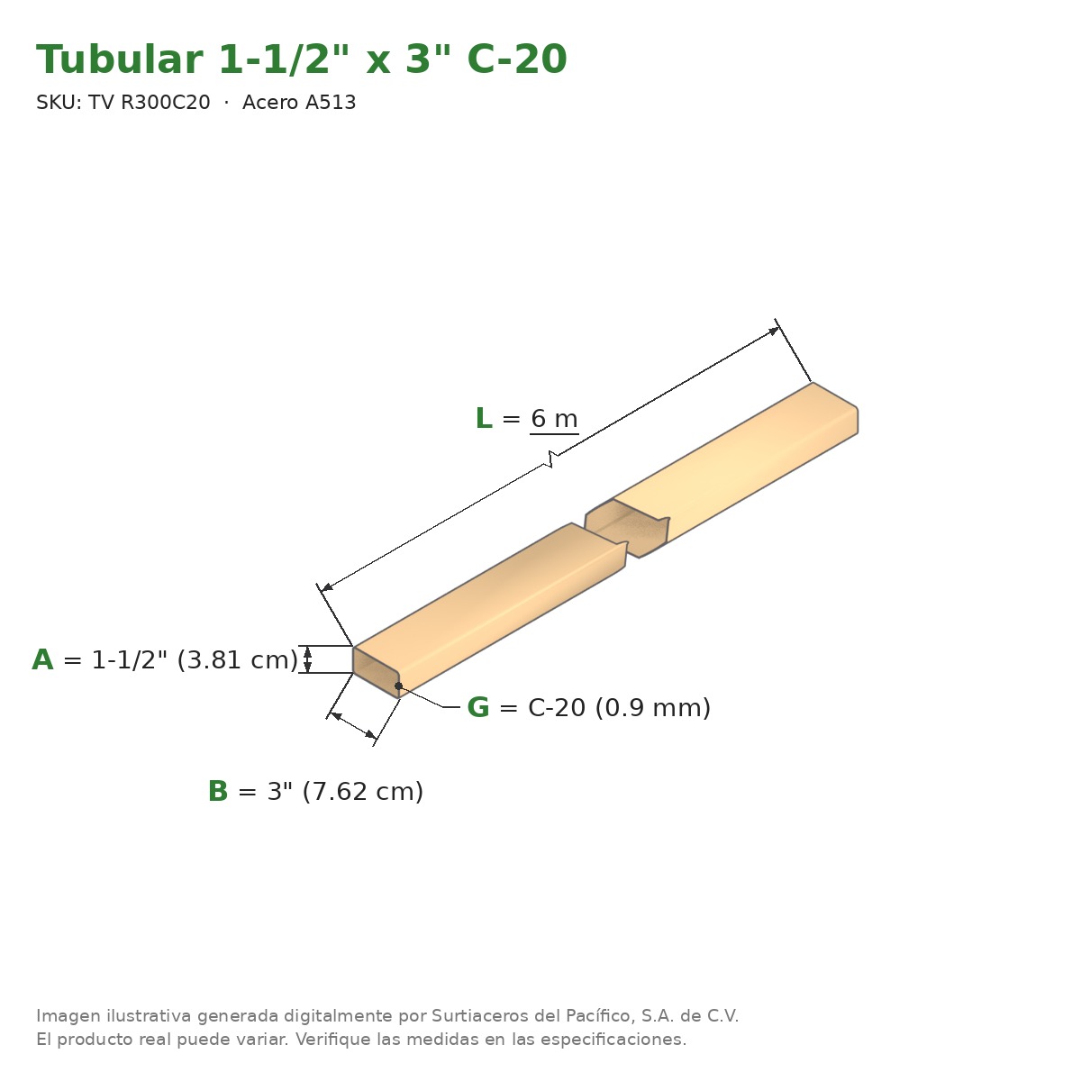 Tubular 1-1/2" x 3" C-20 x 6.00 m - Acero A513