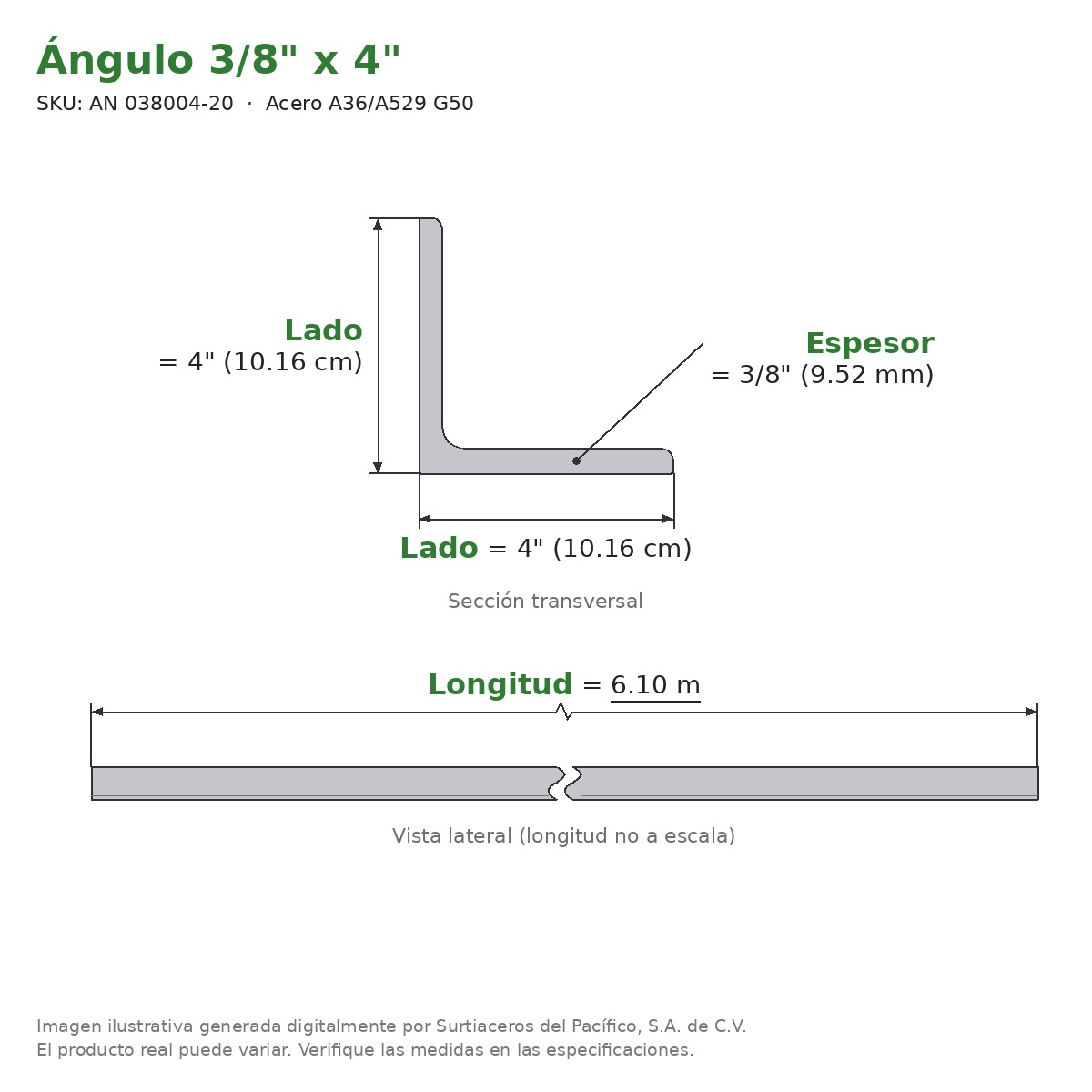 Ángulo 3/8" x 4" x 6.10 m - Acero A36/A529 G50 - sección transversal