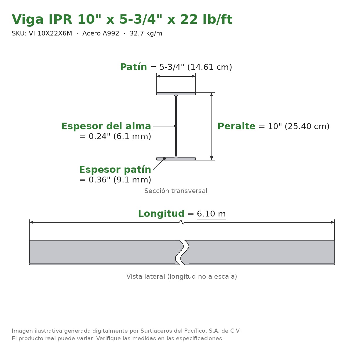 Viga IPR 10" x 5-3/4" x 22 lb/ft (32.7 kg/m) x 6.10 m - Acero A992 (patín 0.36", alma 0.24") - sección transversal