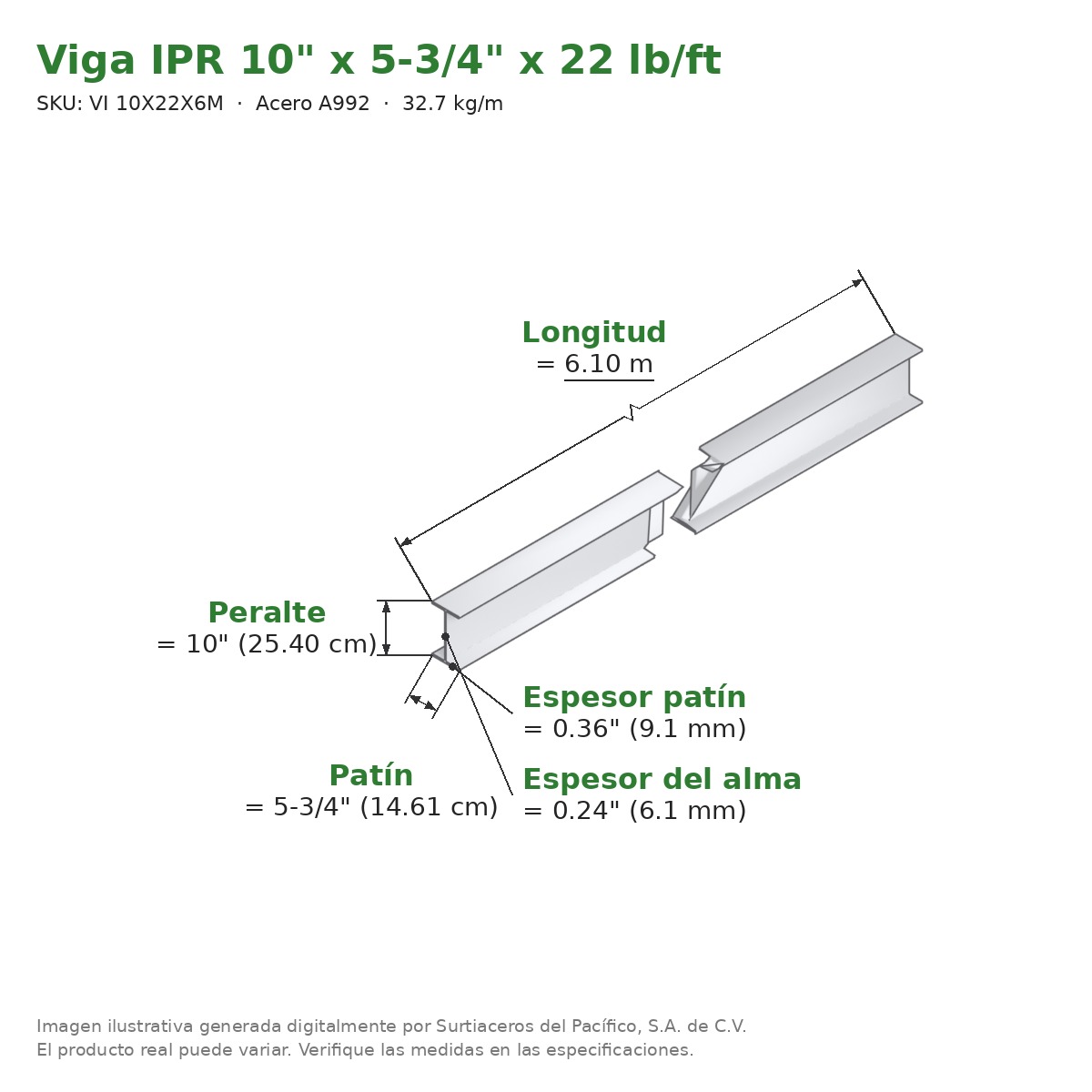 Viga IPR 10" x 5-3/4" x 22 lb/ft (32.7 kg/m) x 6.10 m - Acero A992 (patín 0.36", alma 0.24") - medidas