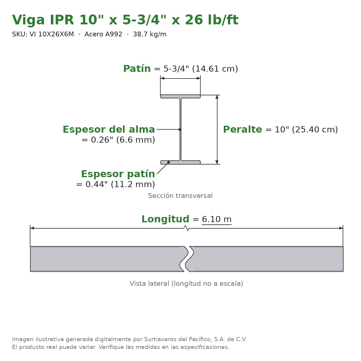 Viga IPR 10" x 5-3/4" x 26 lb/ft (38.7 kg/m) x 6.10 m - Acero A992 (patín 0.44", alma 0.26") - sección transversal
