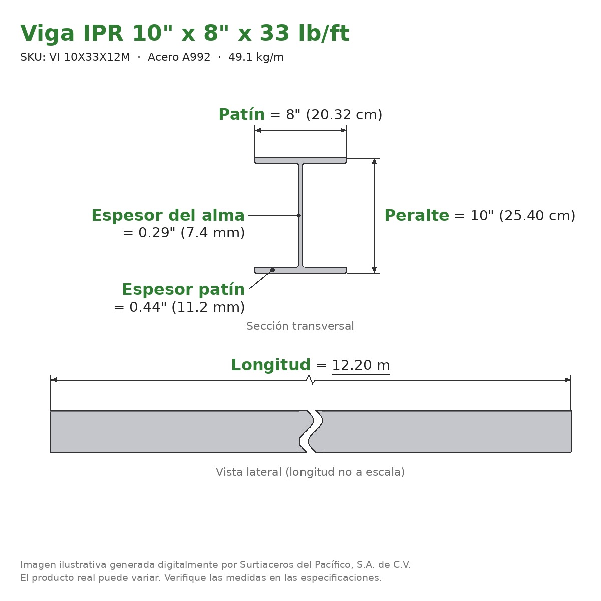 Viga IPR 10" x 8" x 33 lb/ft (49.1 kg/m) x 12.20 m - Acero A992 (patín 0.44", alma 0.29") - sección transversal