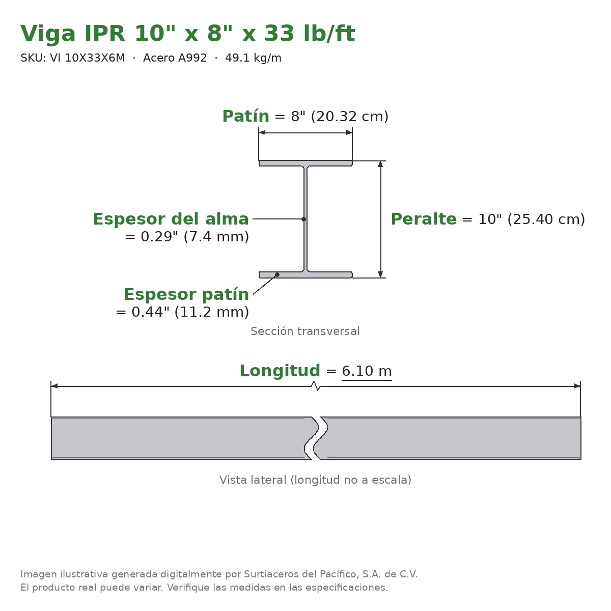 Viga IPR 10" x 8" x 33 lb/ft (49.1 kg/m) x 6.10 m - Acero A992 (patín 0.44", alma 0.29") - sección transversal