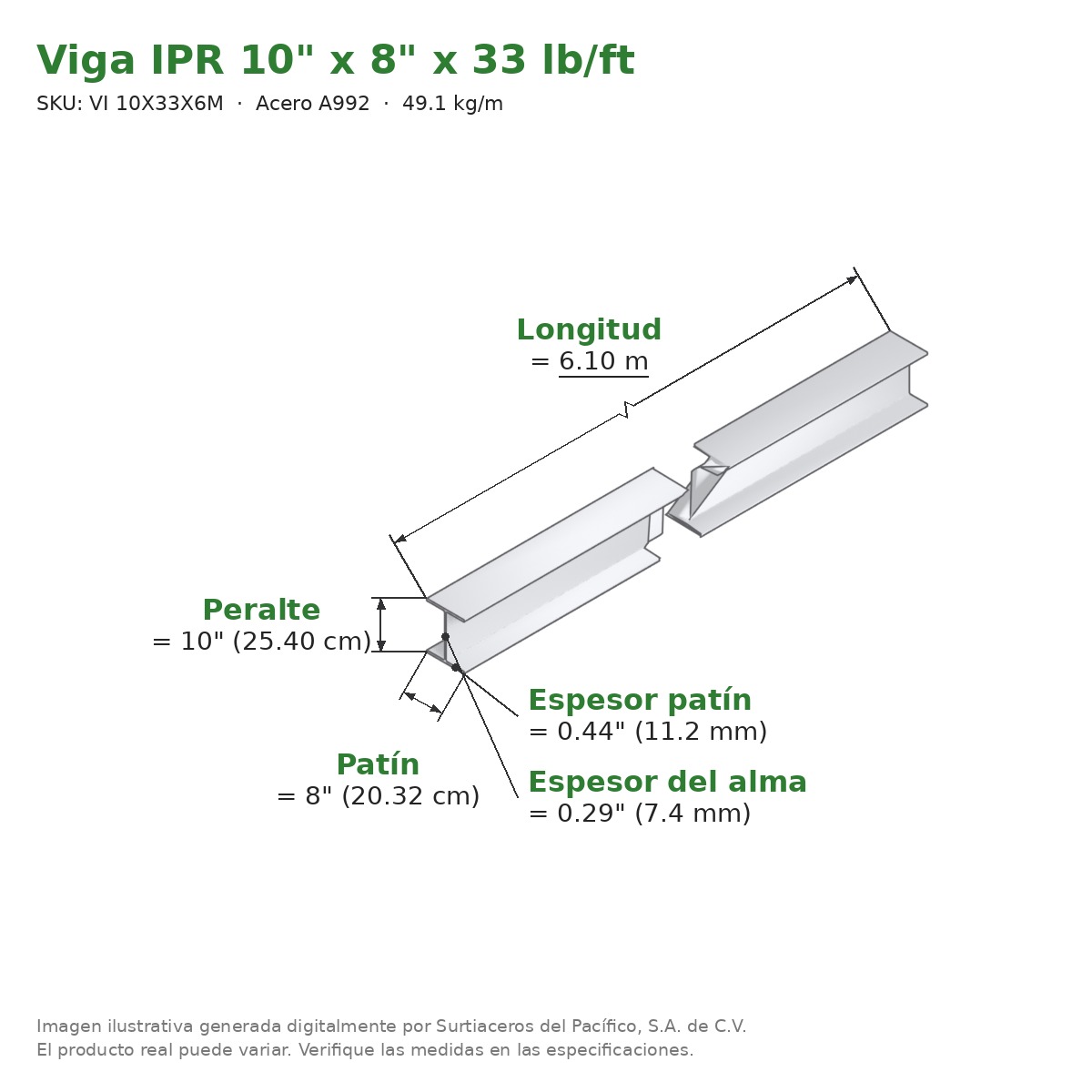Viga IPR 10" x 8" x 33 lb/ft (49.1 kg/m) x 6.10 m - Acero A992 (patín 0.44", alma 0.29") - medidas