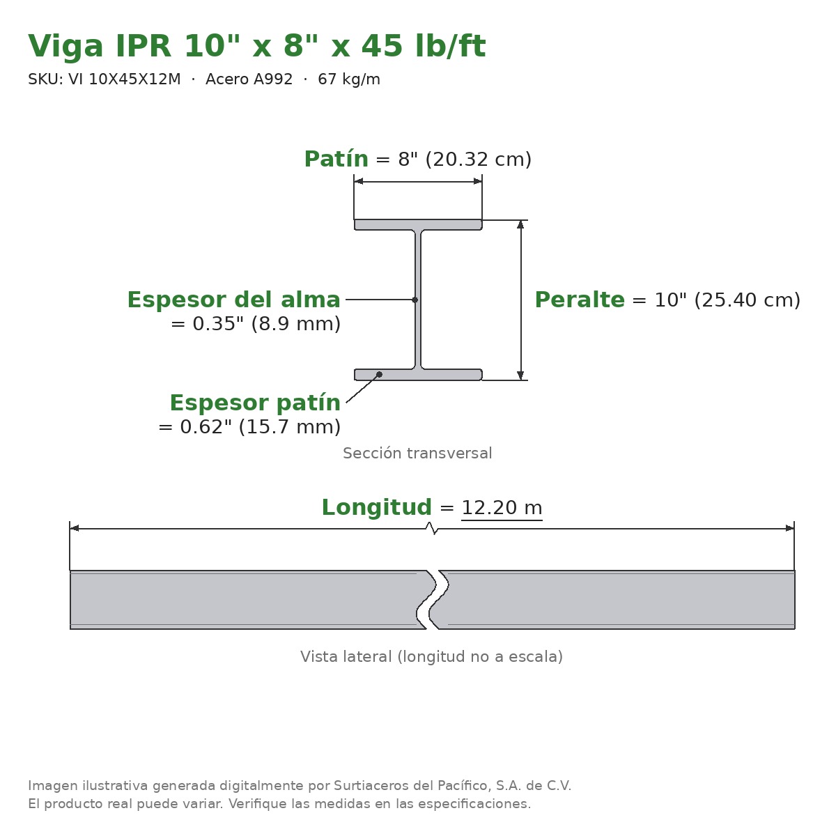 Viga IPR 10" x 8" x 45 lb/ft (67 kg/m) x 12.20 m - Acero A992 (patín 0.62", alma 0.35") - sección transversal