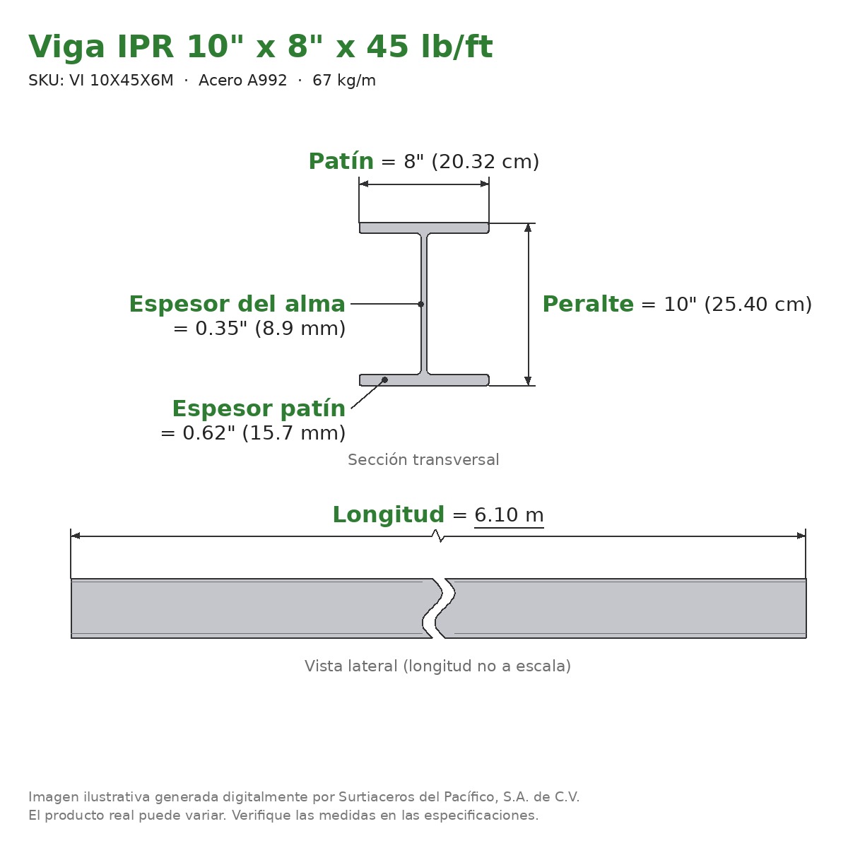 Viga IPR 10" x 8" x 45 lb/ft (67 kg/m) x 6.10 m - Acero A992 (patín 0.62", alma 0.35") - sección transversal