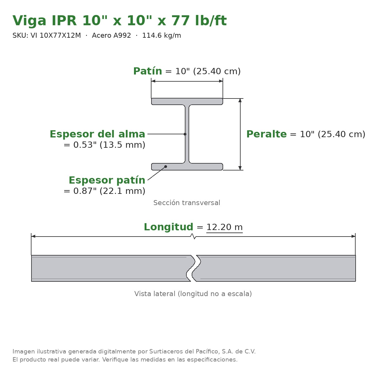 Viga IPR 10" x 10" x 77 lb/ft (114.6 kg/m) x 12.20 m - Acero A992 (patín 0.87", alma 0.53") - sección transversal