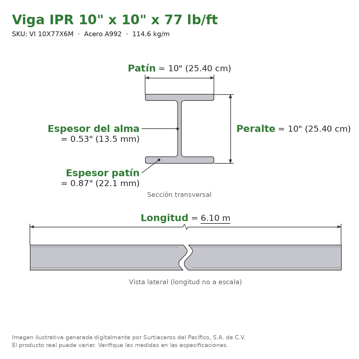 Viga IPR 10" x 10" x 77 lb/ft (114.6 kg/m) x 6.10 m - Acero A992 (patín 0.87", alma 0.53") - sección transversal